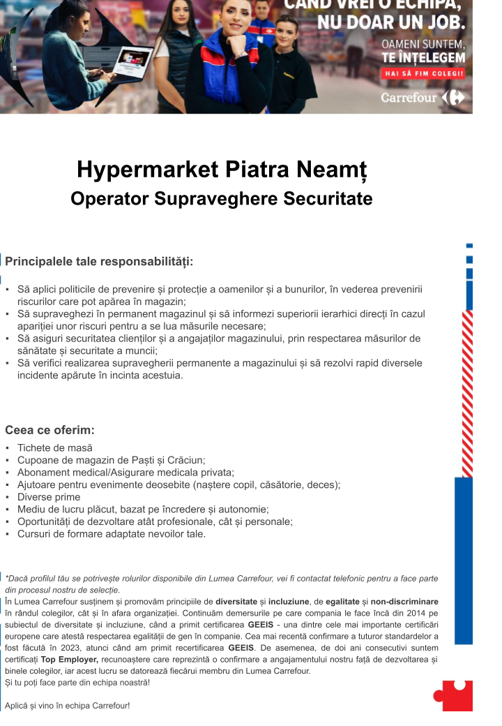 Operator supraveghere Hipermarket Carrefour Piatra Neamt