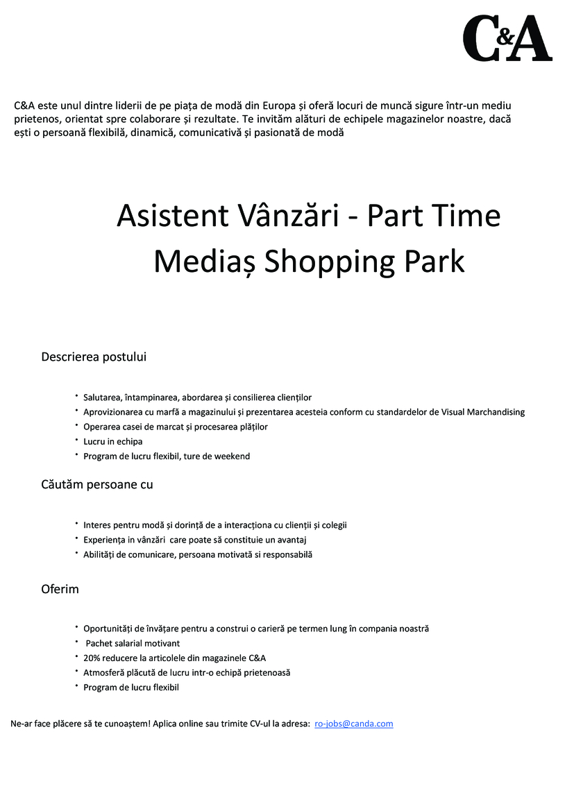 Asistent Vânzări Mediaș Shopping Park