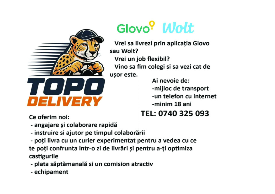 Curieri, livratori Glovo / Wolt / Bolt