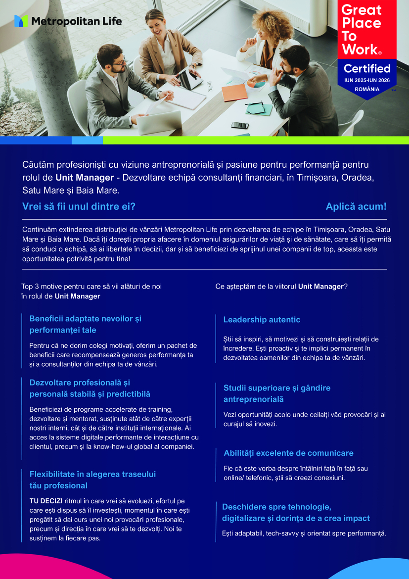 Unit Manager -  Timișoara, Oradea, Satu Mare și Baia Mare