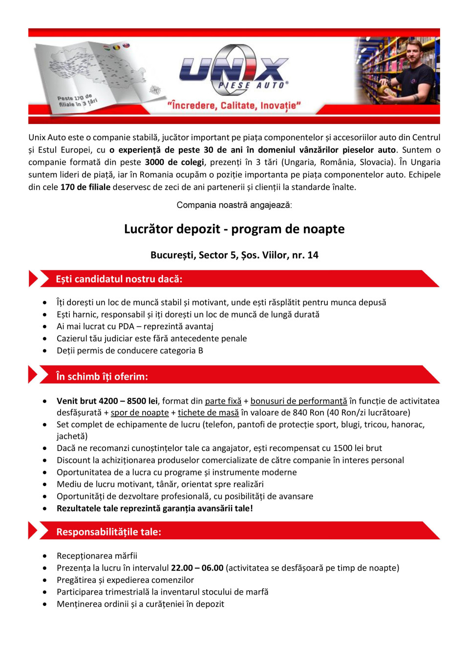 Lucrător depozit cu program de noapte - București