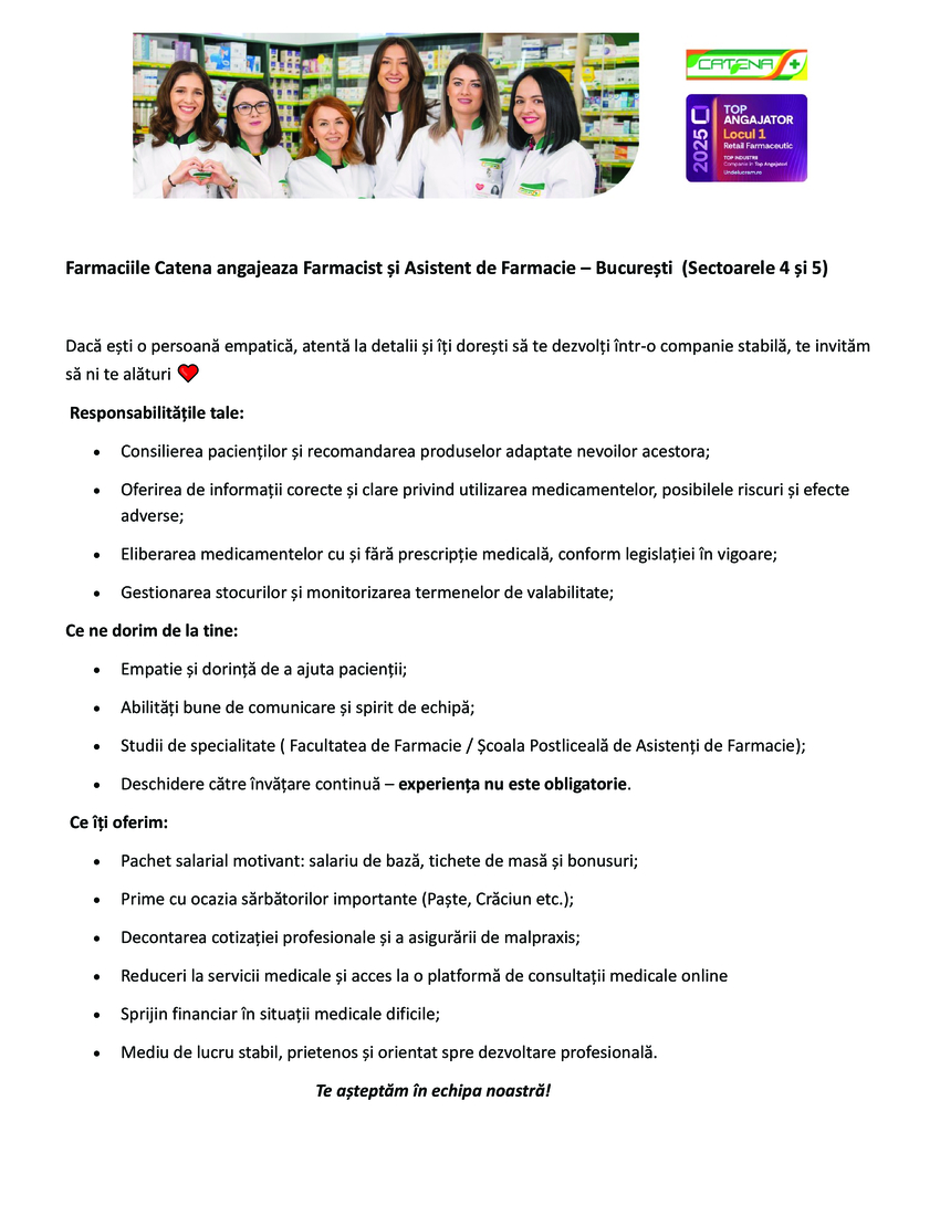 Farmacist și Asistent de Farmacie– București (Sect 4- 5)