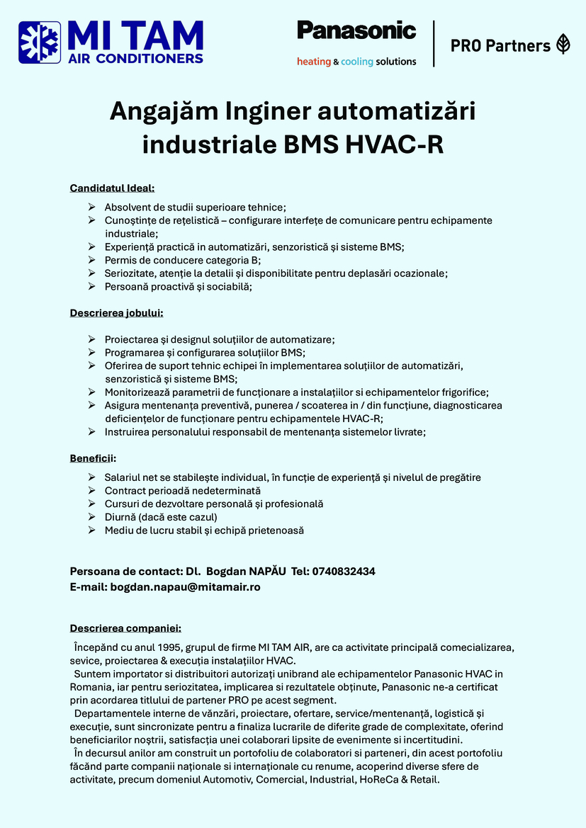 Inginer automatizări industriale BMS HVAC-R