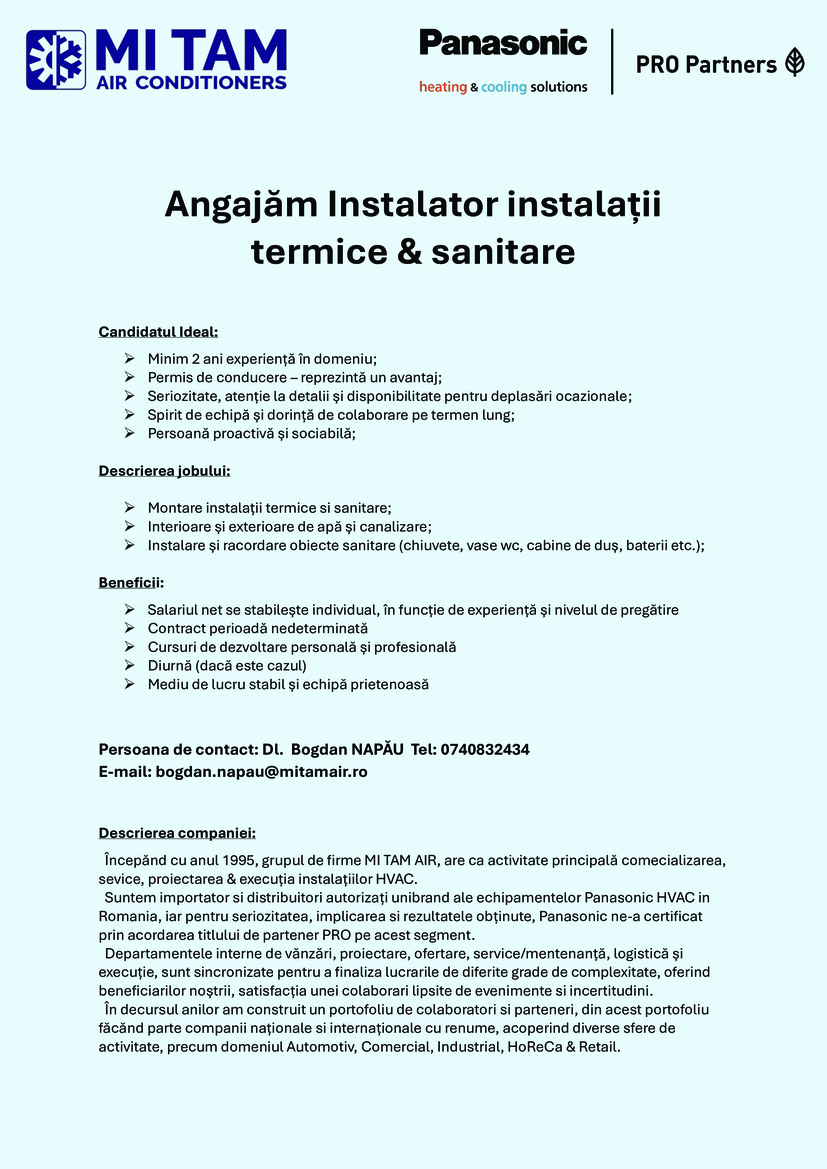 Instalator instalații  termice & sanitare