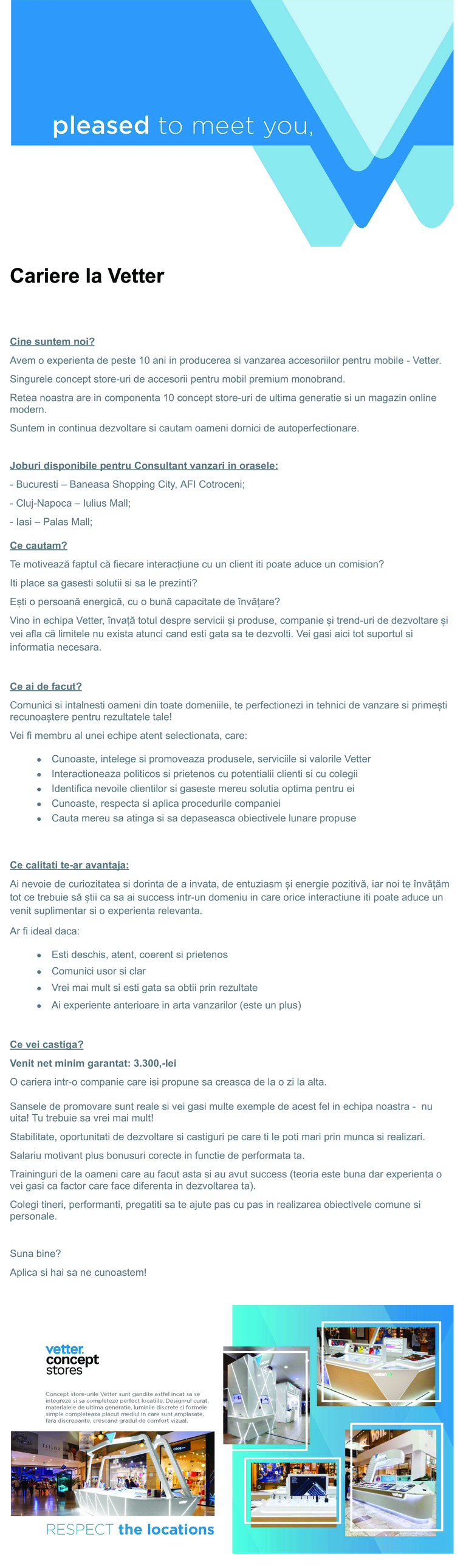 Consultant Vanzari Concept Store VETTER
