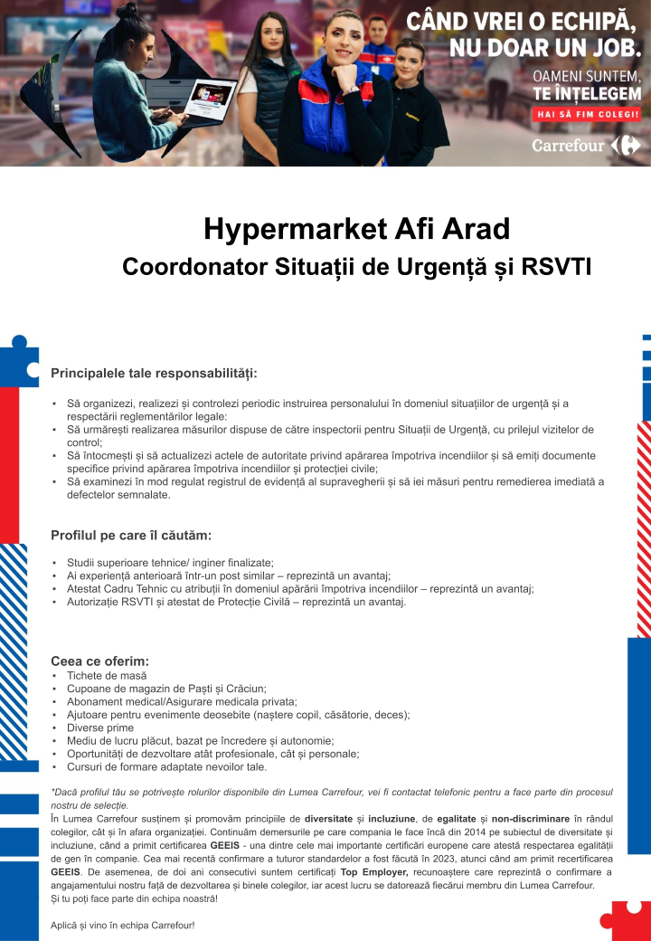 Coordonator Situatii de Urgenta si RSVTI Carrefour Arad