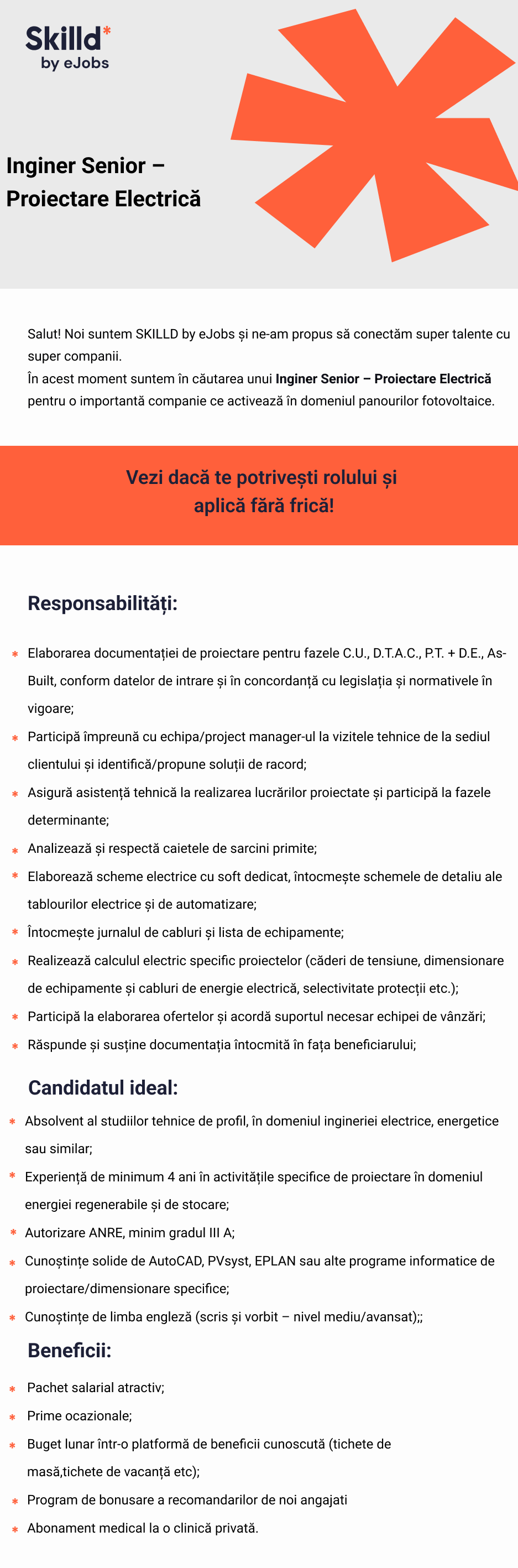 Inginer Senior – Proiectare Electrică