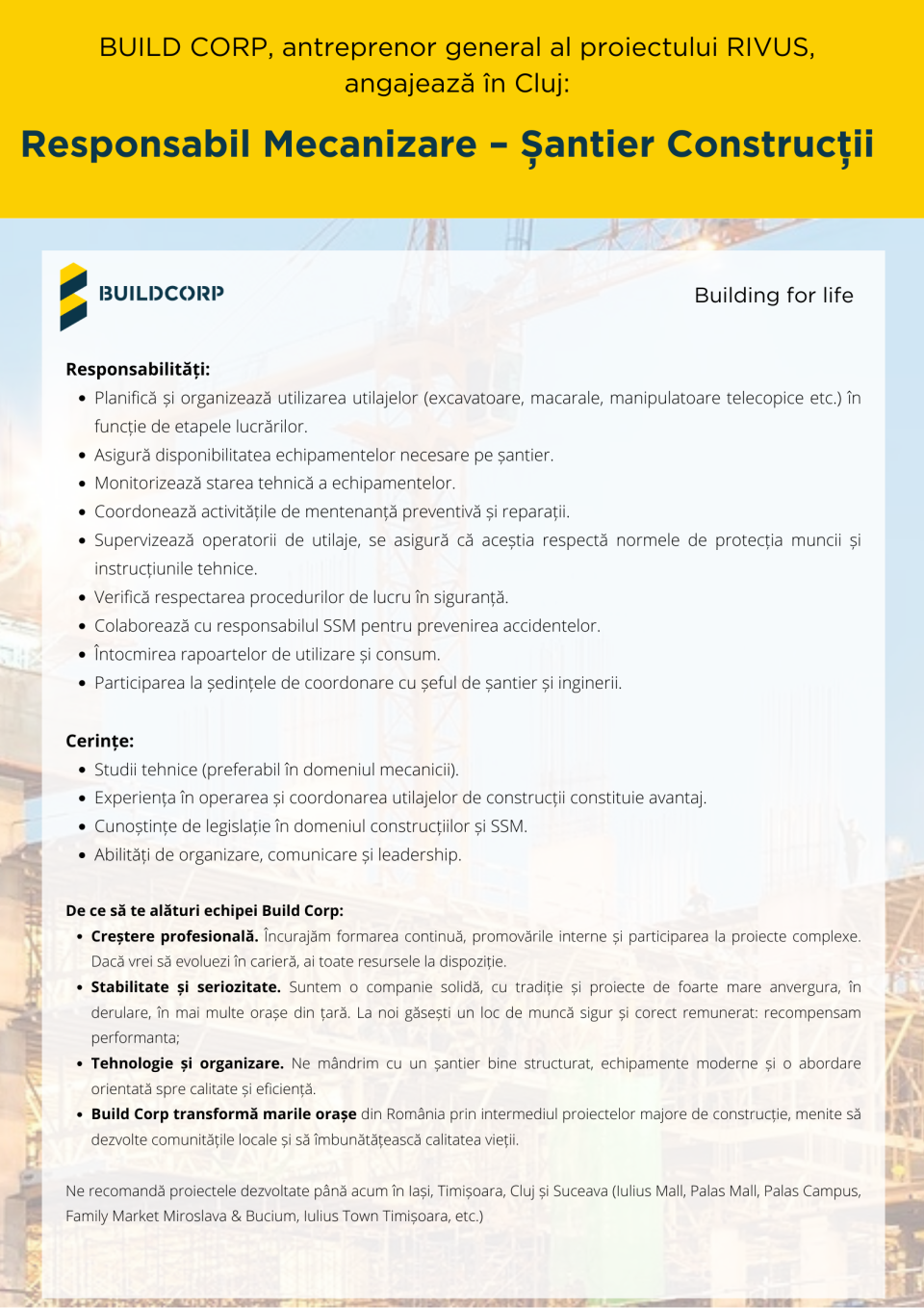 Responsabil Mecanizare – Șantier Construcții