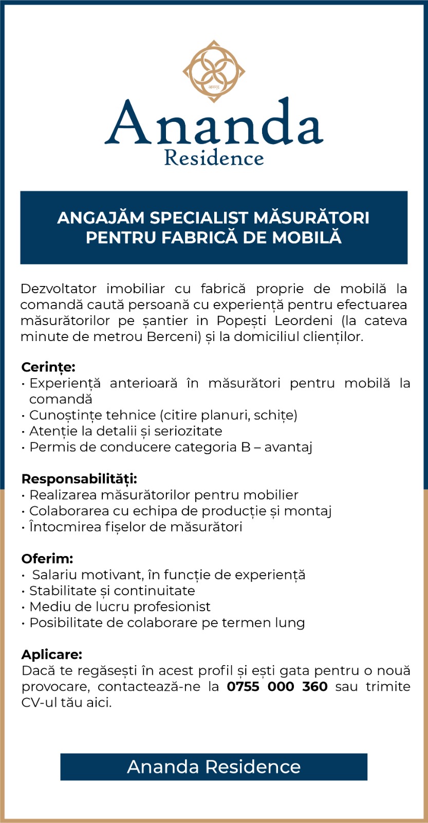 SPECIALIST MASURĂTORI PENTRU FABRICA DE MOBILA CU EXPERIENȚĂ