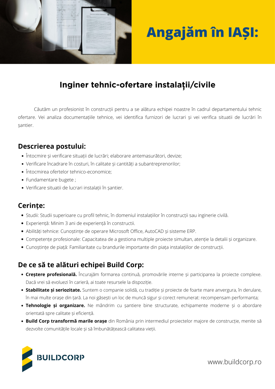 Inginer tehnic-ofertare instalatii/civile