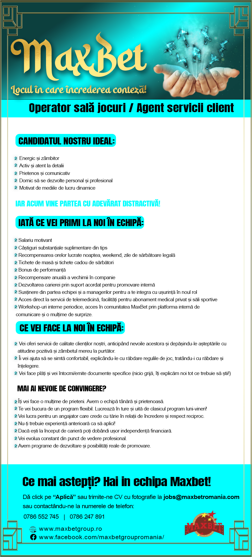 Operator sala jocuri / Agent Servicii Client venit 3700-3750 lei net+bonus+tips