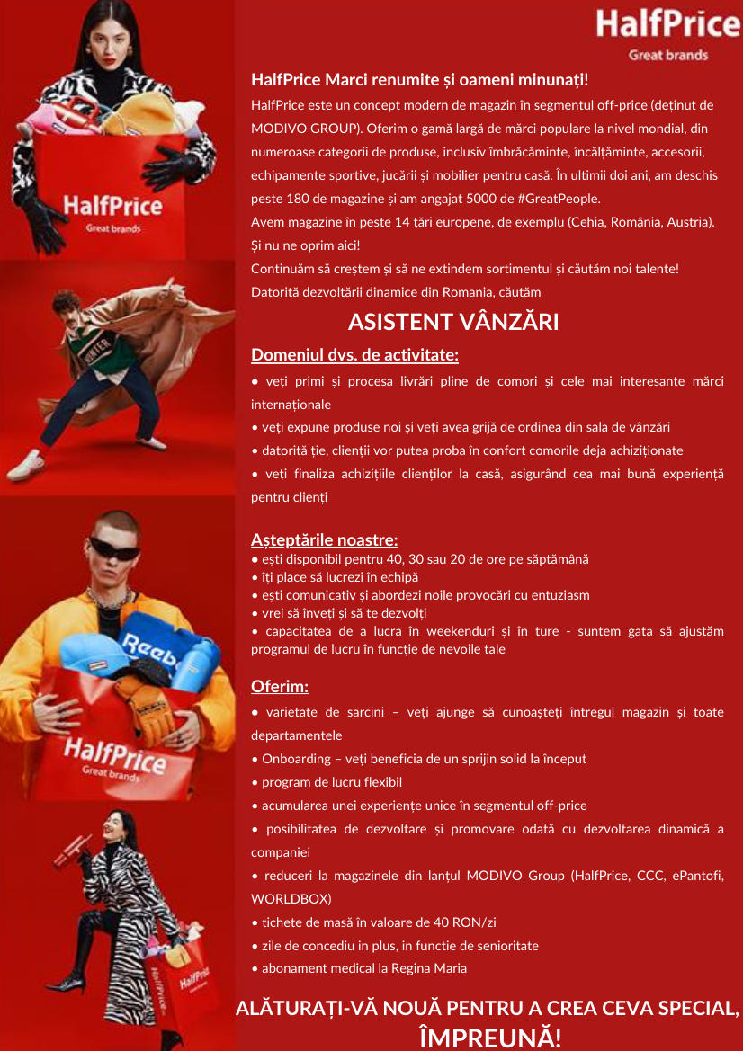 Asistent Vânzări HalfPrice(f/m/d) TM, BR, CJ&Florești