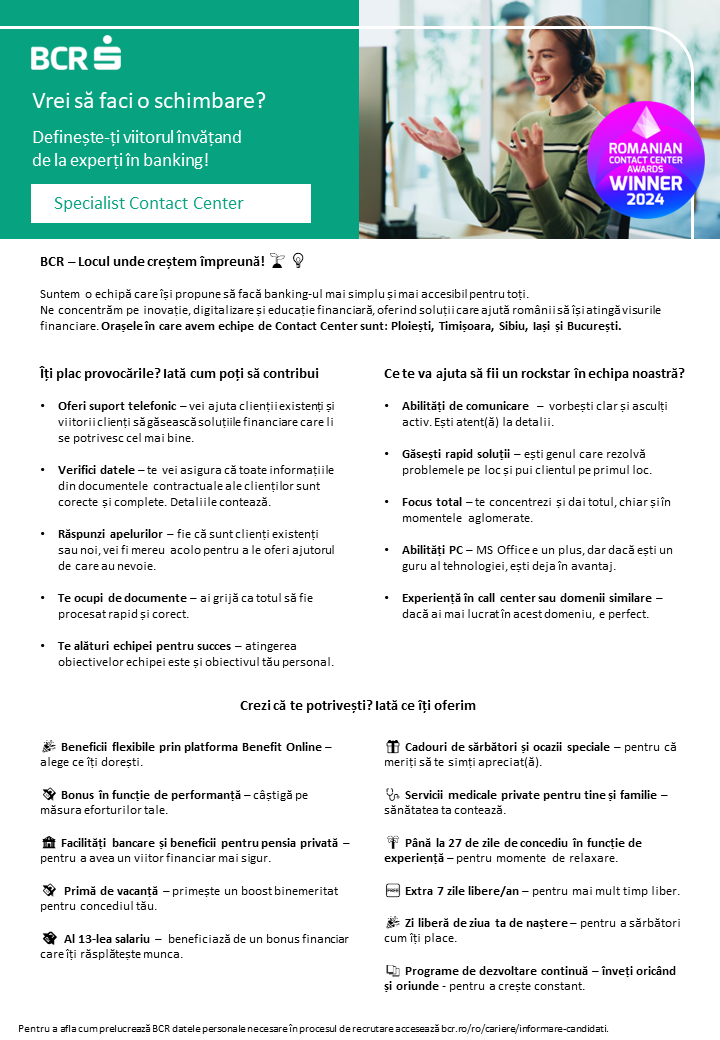 Specialist Contact Center - Iasi, Timisoara, Bucuresti