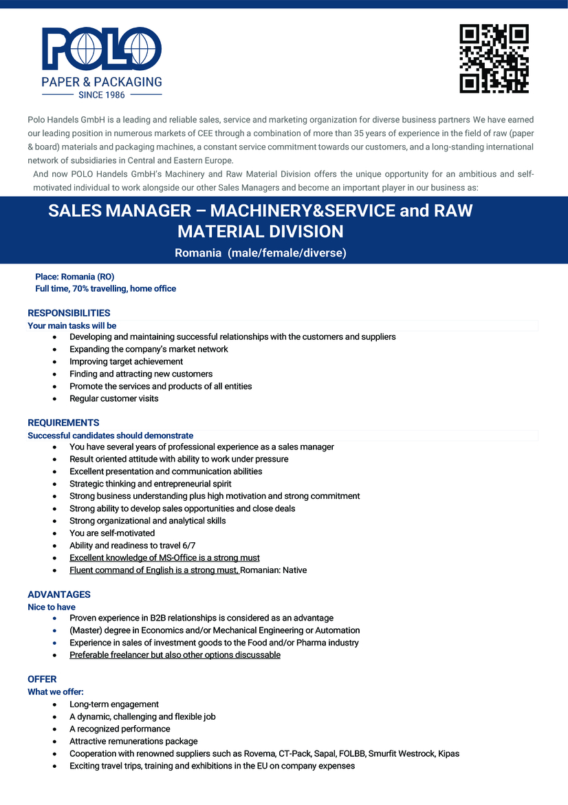 SALES MANAGER – MACHINERY&SERVICE and RAW MATERIAL DIVISION