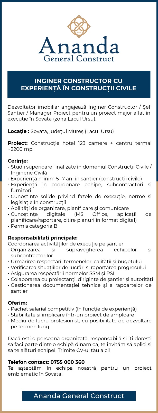 Inginer Constructor cu experiență (punct de lucru în Sovata)
