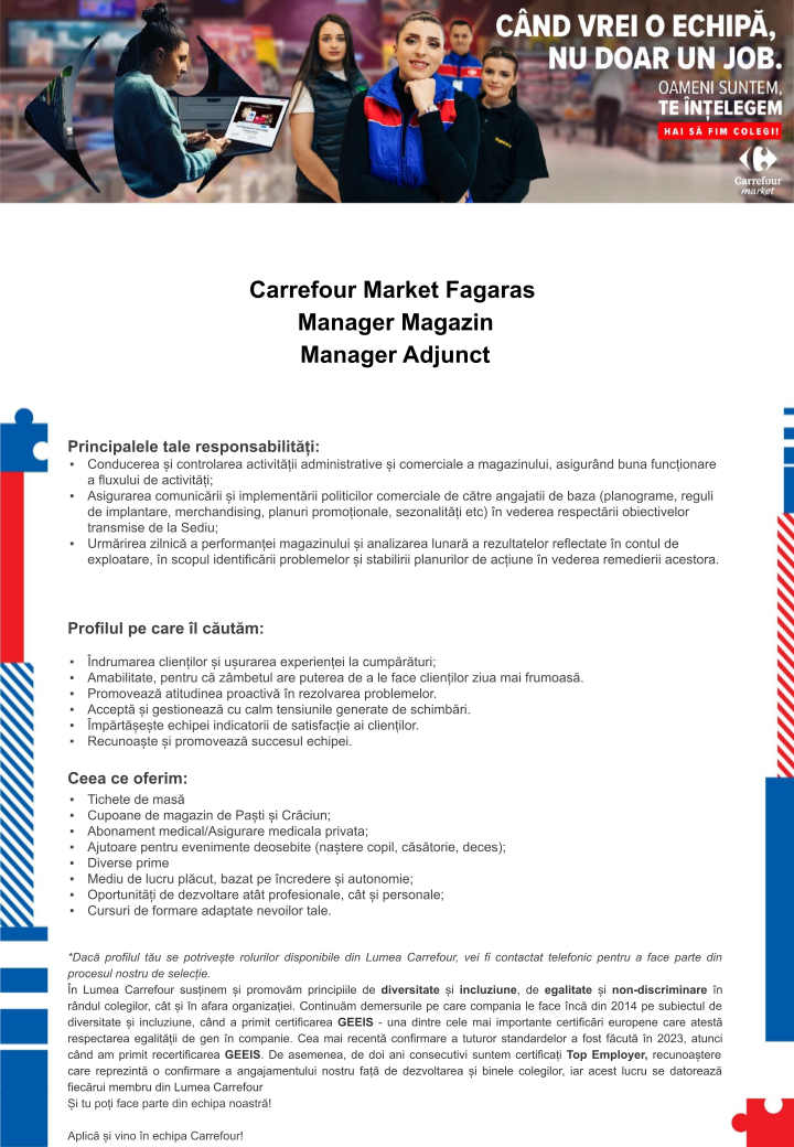 Manager magazin/adjunct Supermarket Carrefour Fagaras