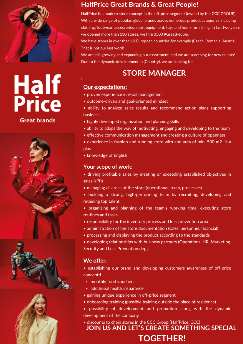 Deputy/Store Manager HalfPrice Reghin-Braila-Tg.Mures(f/m/d)