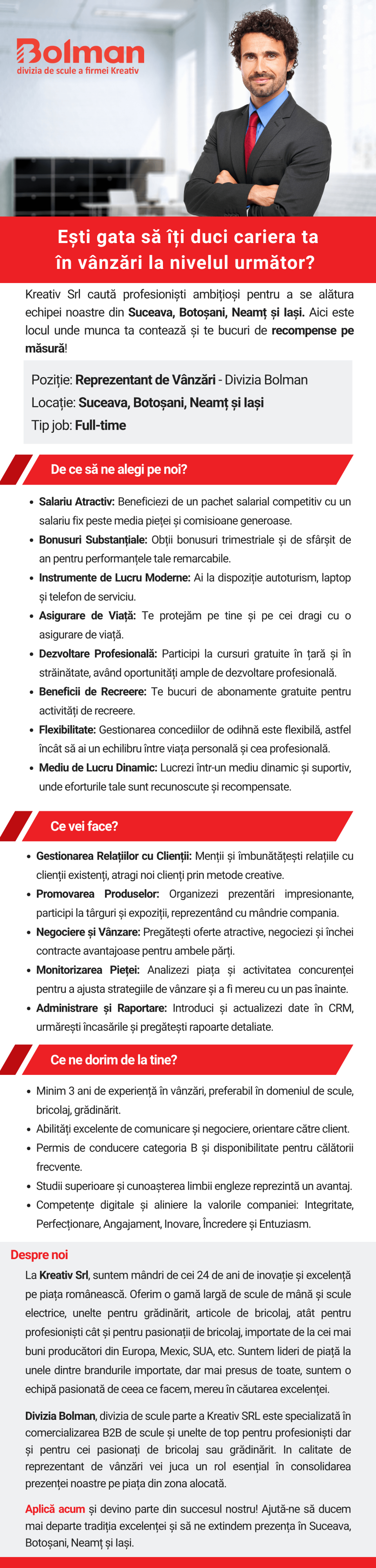 Reprezentant de Vânzări - Divizia Bolman