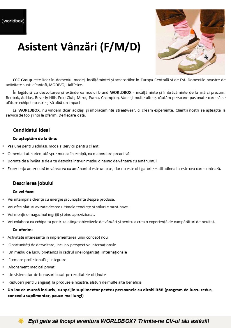 Asistent Vânzări part time (4h) WORLDBOX Vaslui (F/M/D)