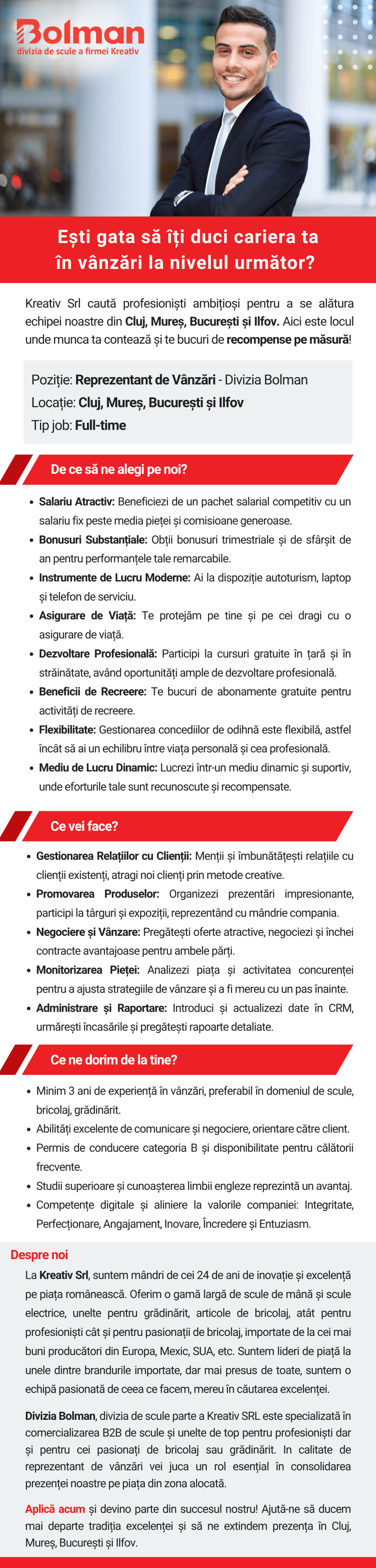 Reprezentant de Vânzări - Divizia Bolman Cluj, Mureș, București și Ilfov