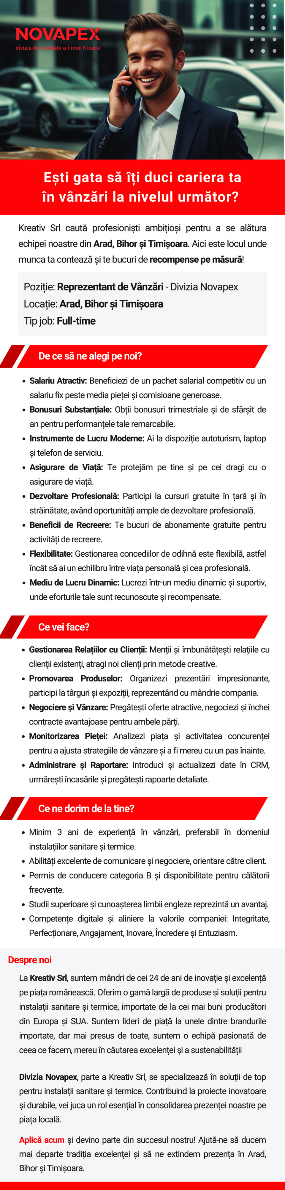 Reprezentant de Vânzări - Divizia Novapex Arad, Bihor și Timișoara