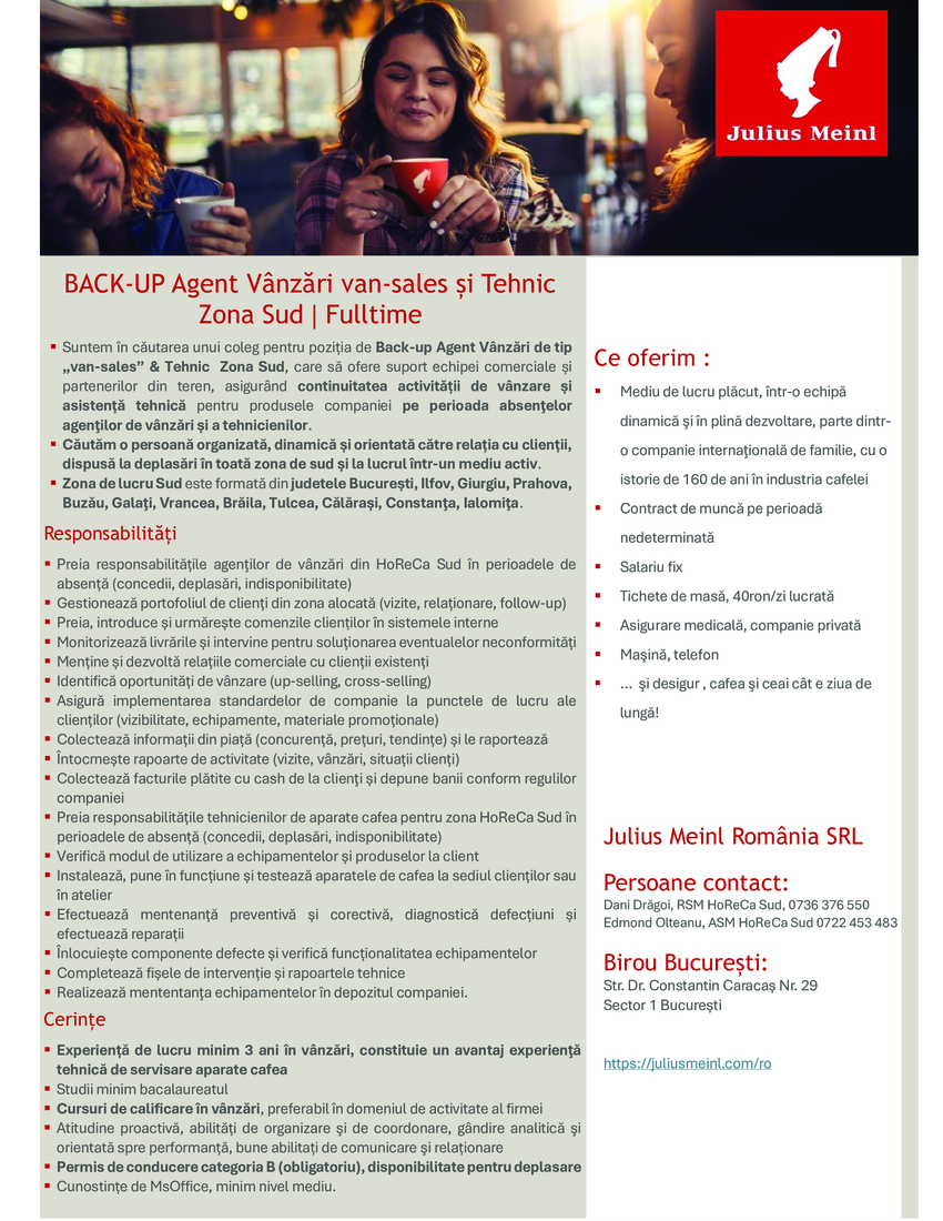 BACK-UP Agent Vânzări van-sales și Tehnic Sud din București