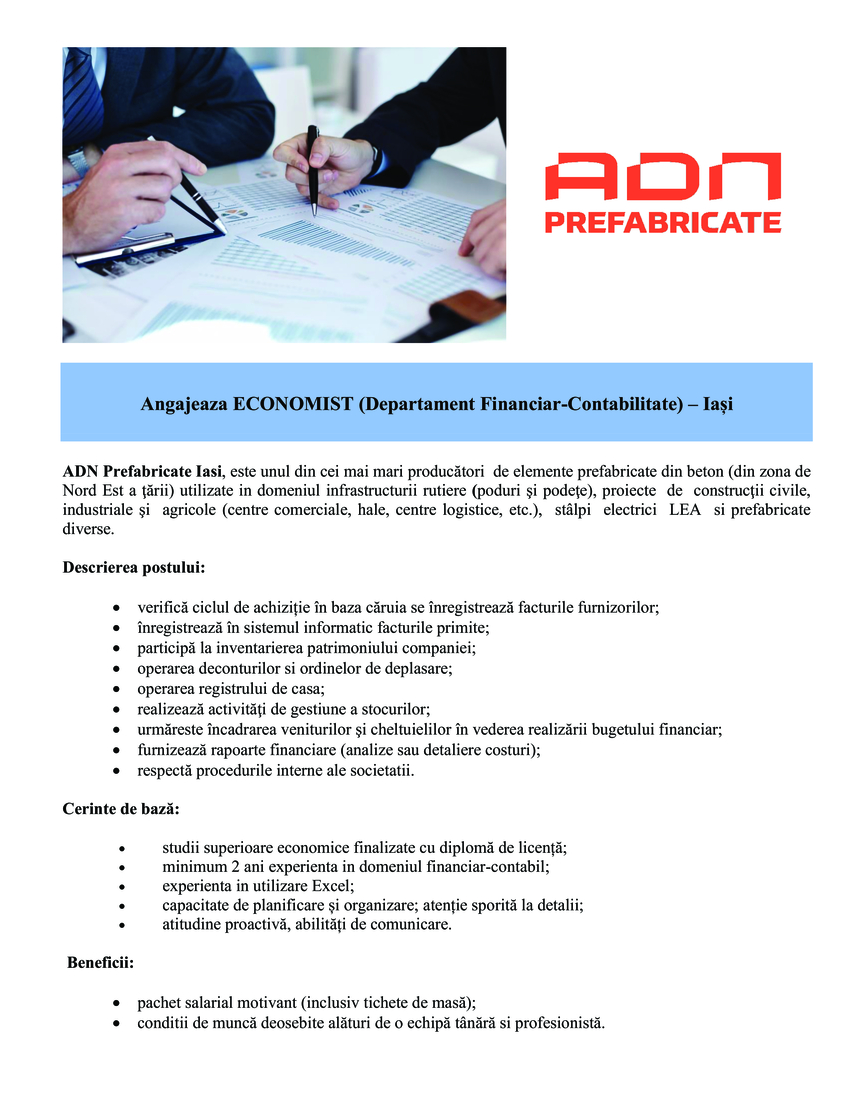 ECONOMIST (Departament Financiar-Contabilitate) – Iași