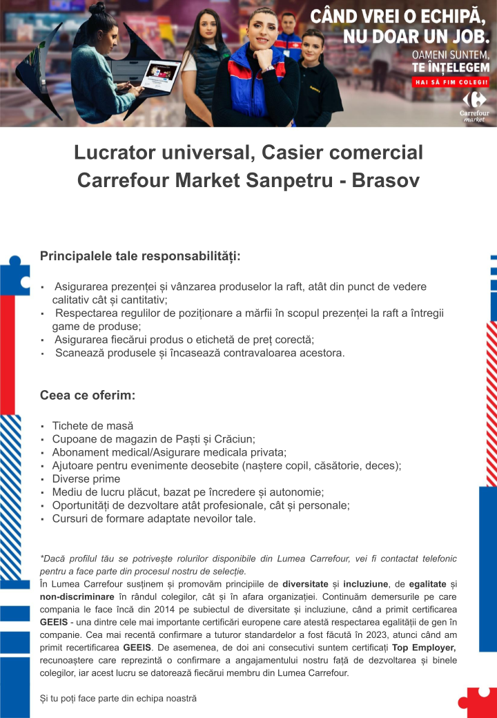 Cautam colegi - deschidem in curand - Carrefour Sanpetru - Brasov