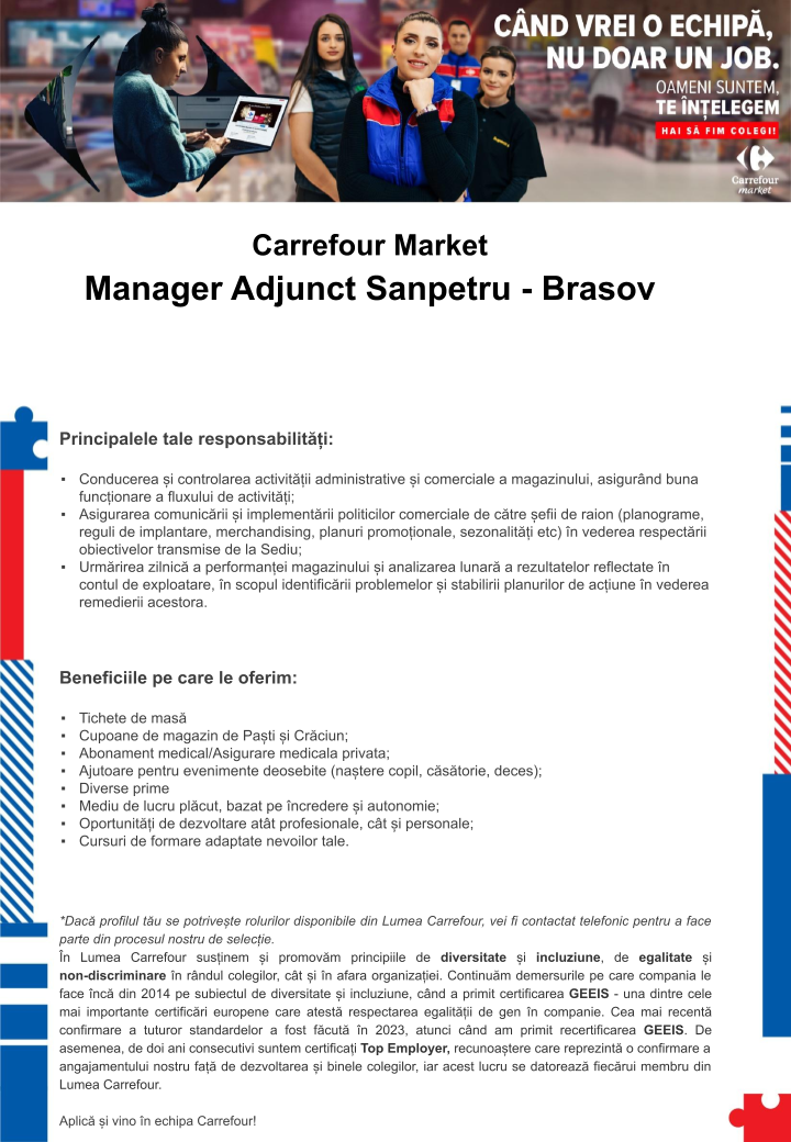 Manager adjunct - deschidem in curand - Carrefour Sanpetru - Brasov
