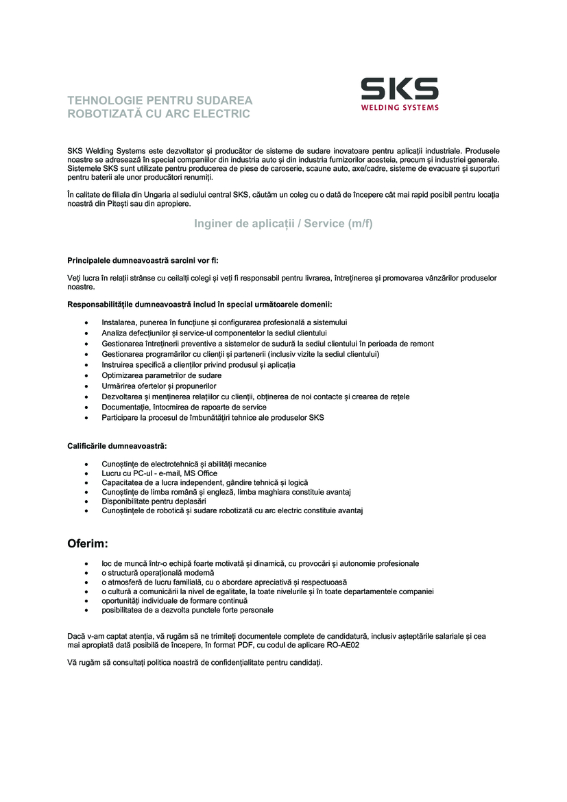 Inginer de aplicații / Service (m/f)