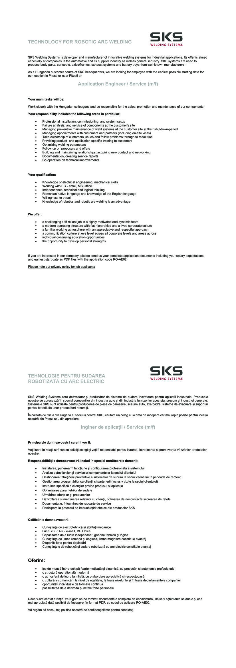 Inginer de aplicații / Service (m/f)