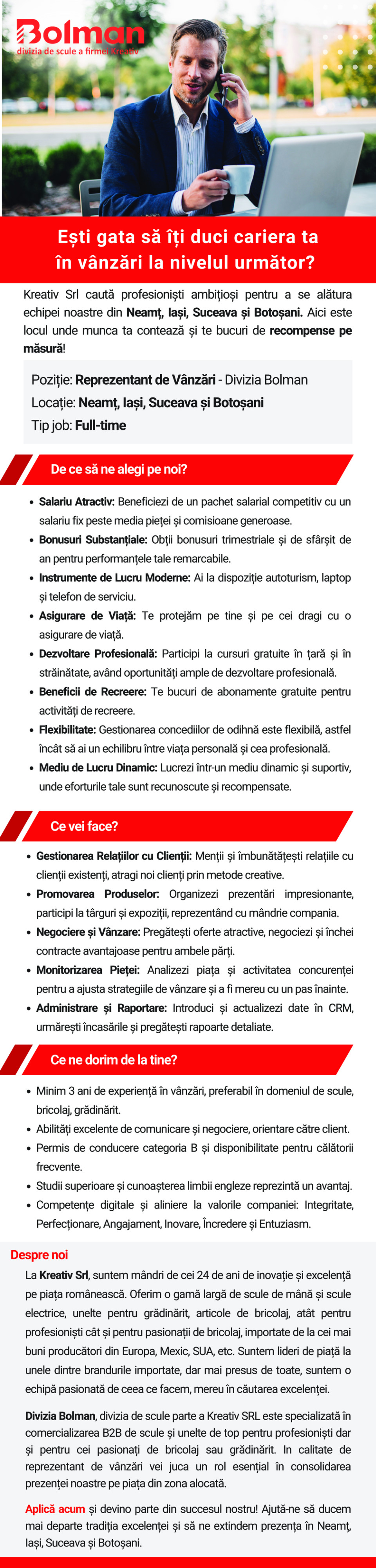 Reprezentant vânzări pentru zona Neamț, Iași, Suceava și Botoșani