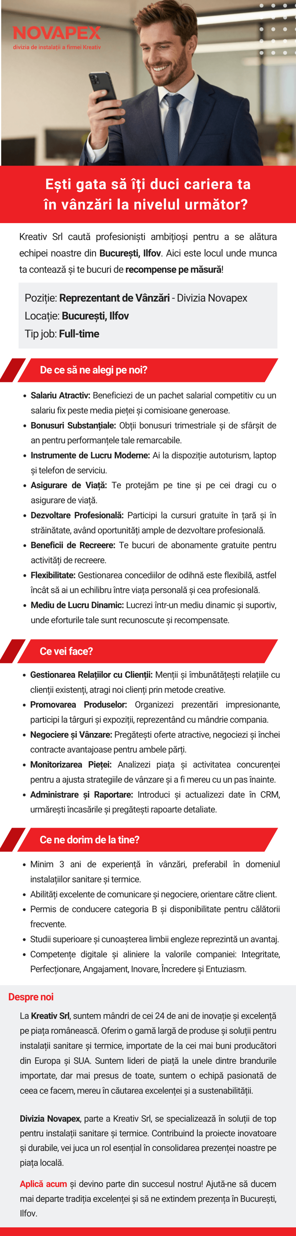 Reprezentant vânzări pentru zona București, Ilfov