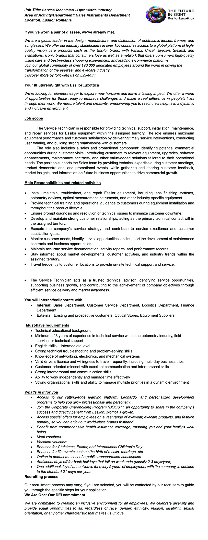 Service Technician – Optometric Industry