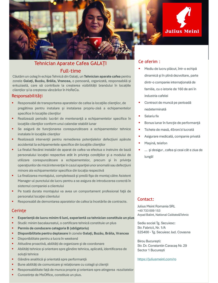 Tehnician Aparate Cafea GALAŢI Fulltime