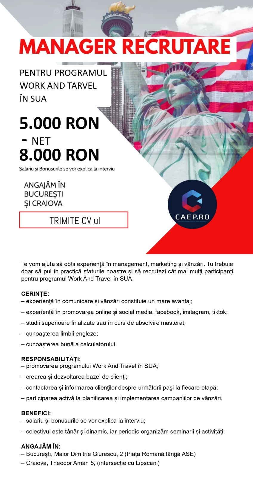 MANAGER RECRUTARE Work And Travel USA