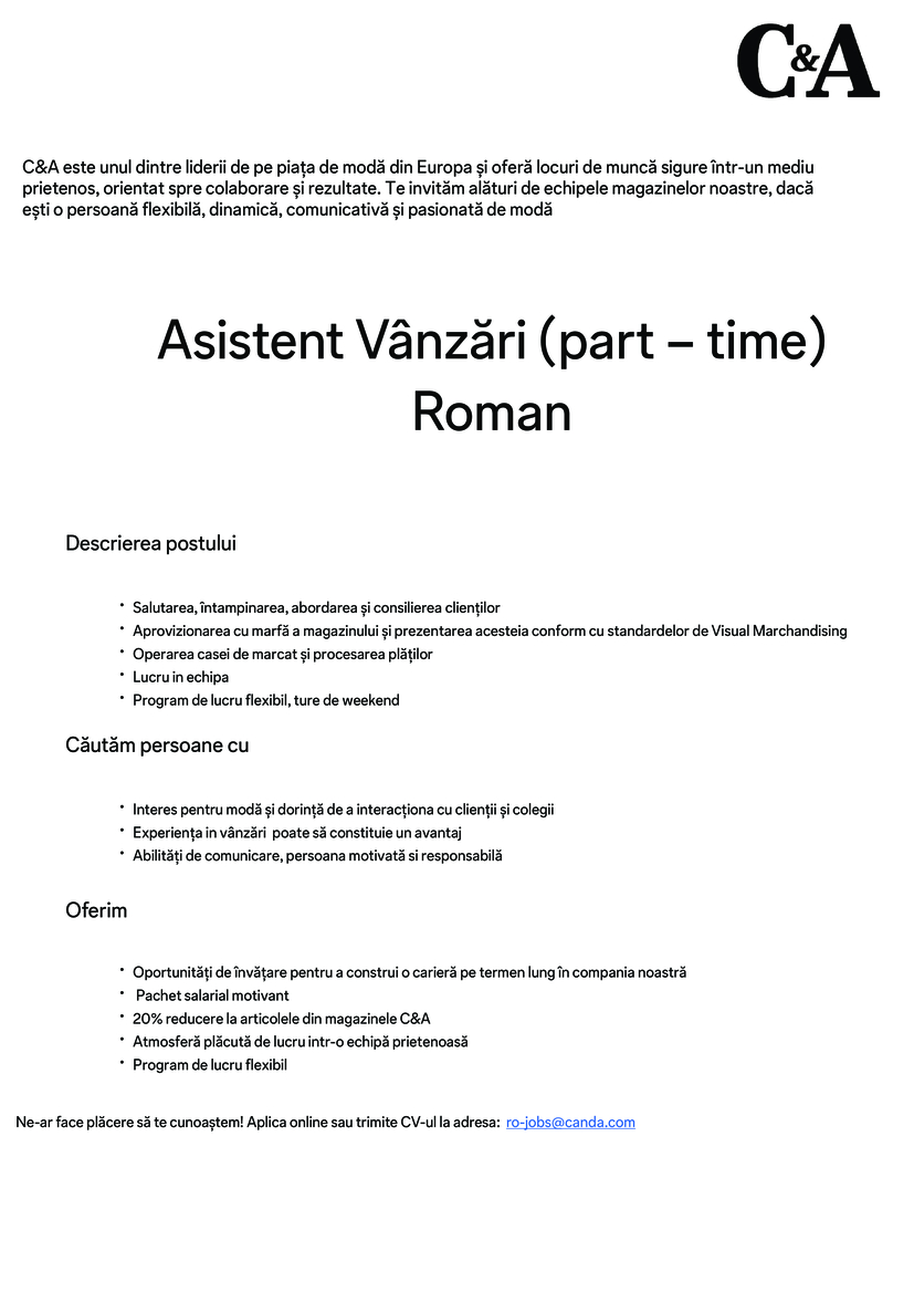 Asistent Vânzări (part – time) Roman