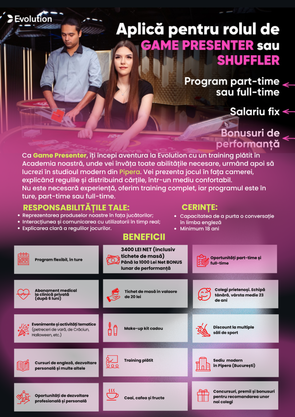 Game Presenter / Crupier–3000 lei+400 lei tichete masa+ 1000 lei BONUS, Pipera-București