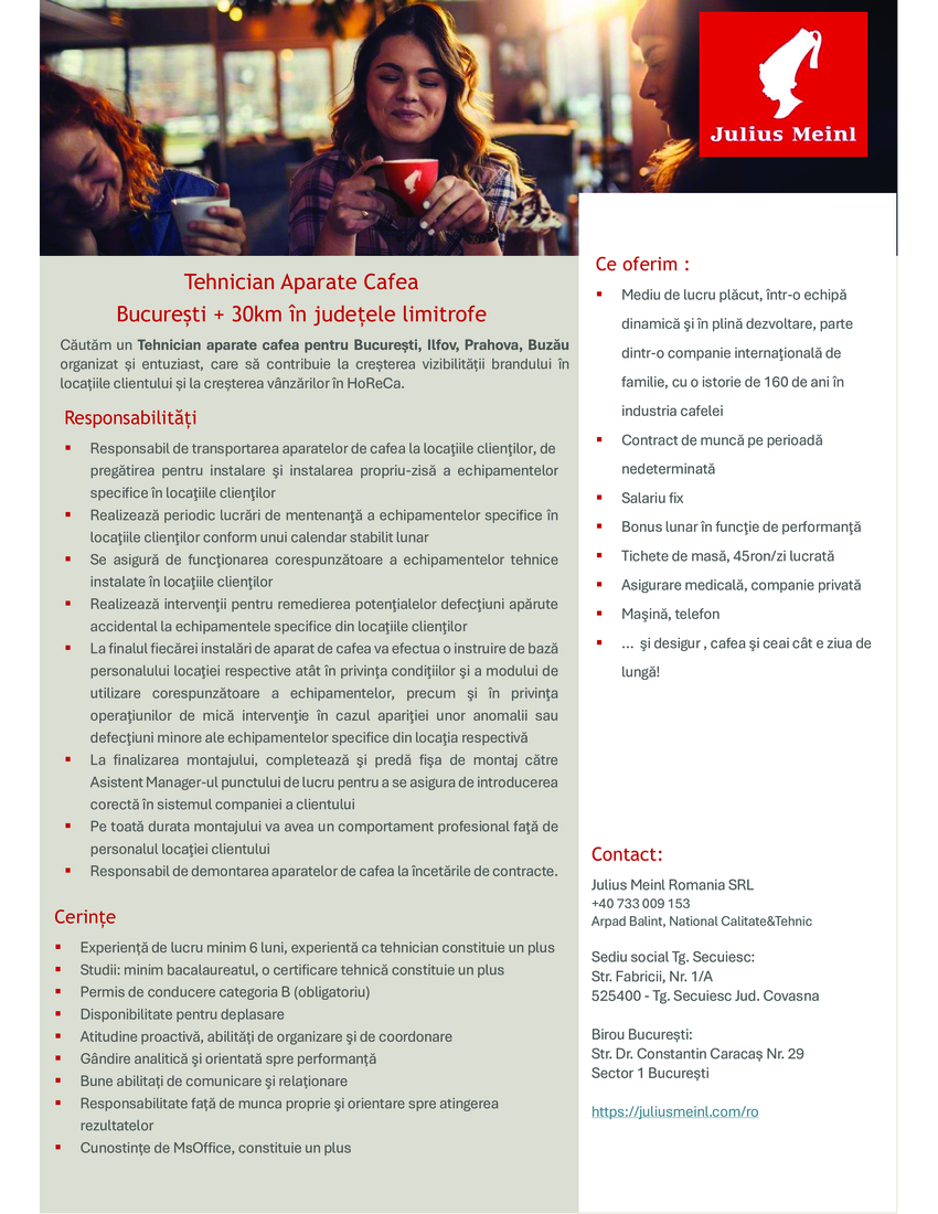 Tehnician Aparate Cafea București +30km în judeţe limitrofe