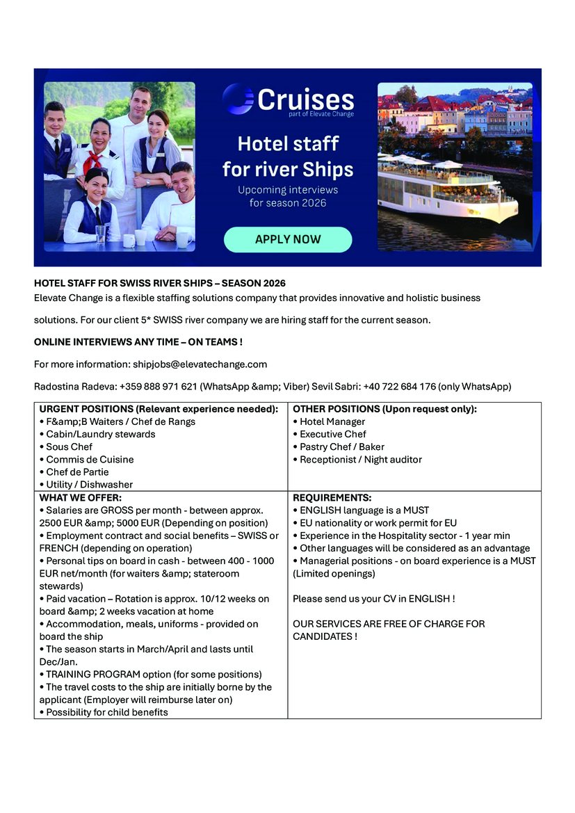 HOTEL STAFF FOR SWISS RIVER SHIPS – SEASON 2026