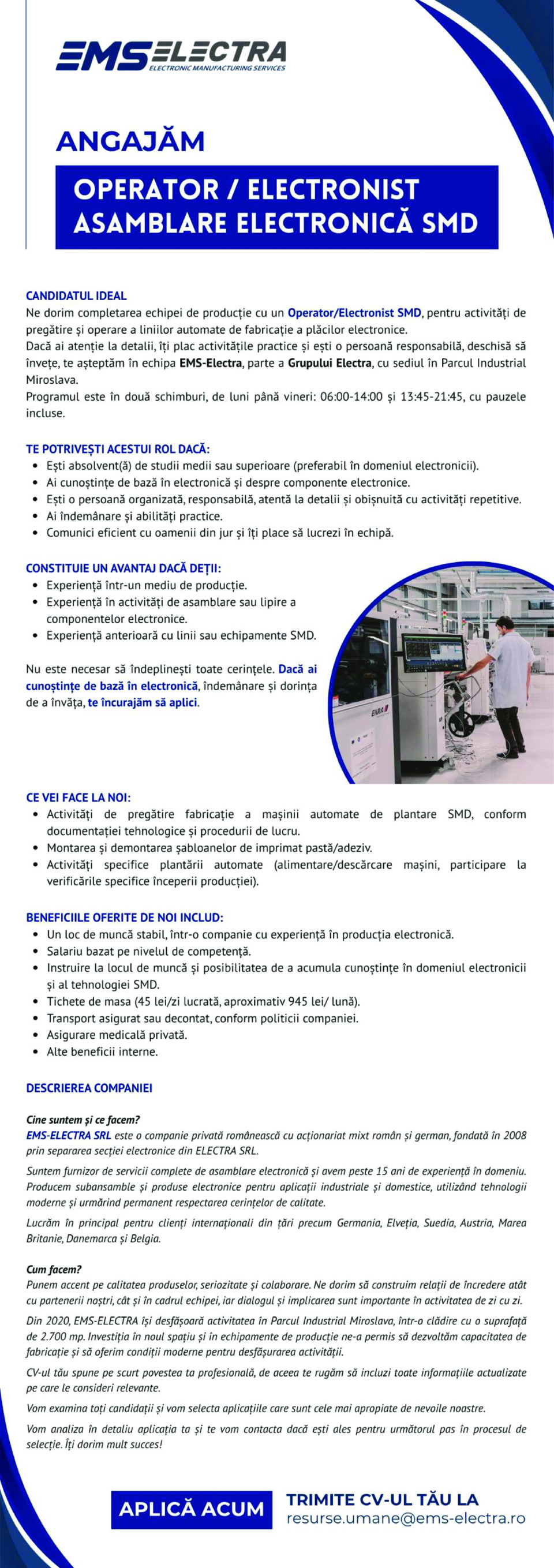 Operator/Electronist asamblare electronica SMD