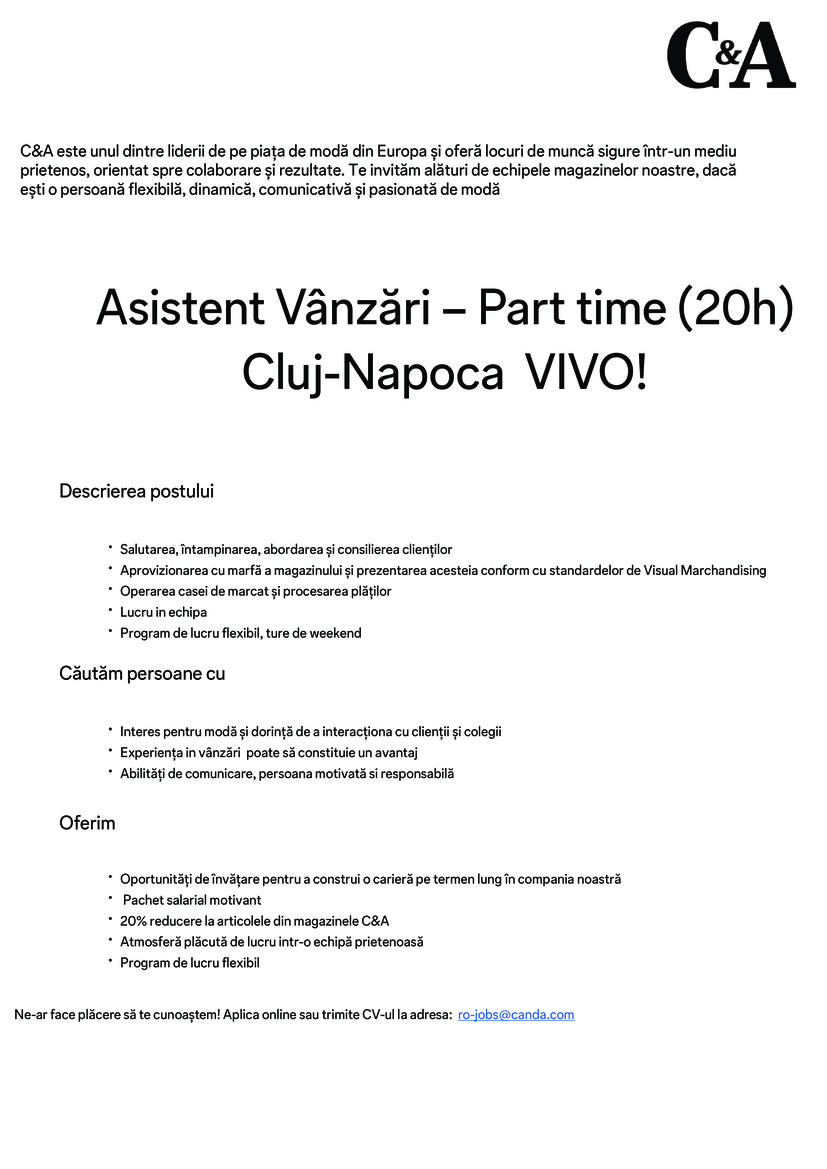 Asistent Vânzări - Part time (20h) Cluj-Napoca VIVO