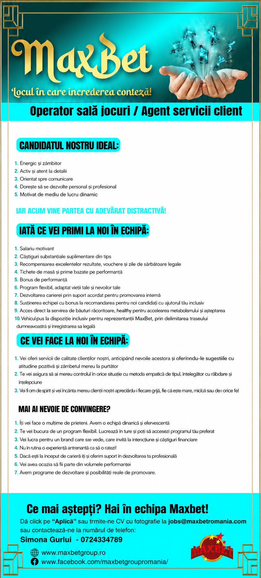 Operator sala jocuri -venit 3800 lei net+tips