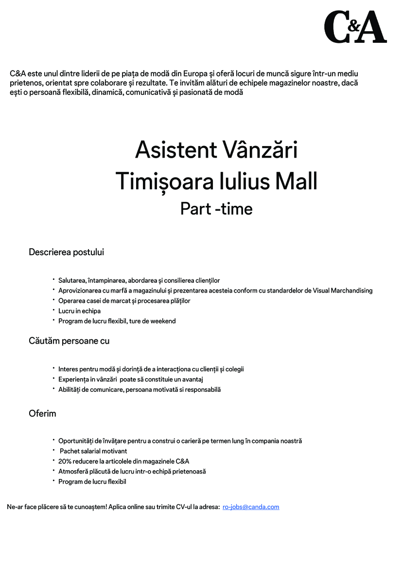 Asistent Vânzări Timișoara Iulius Mall Part -time