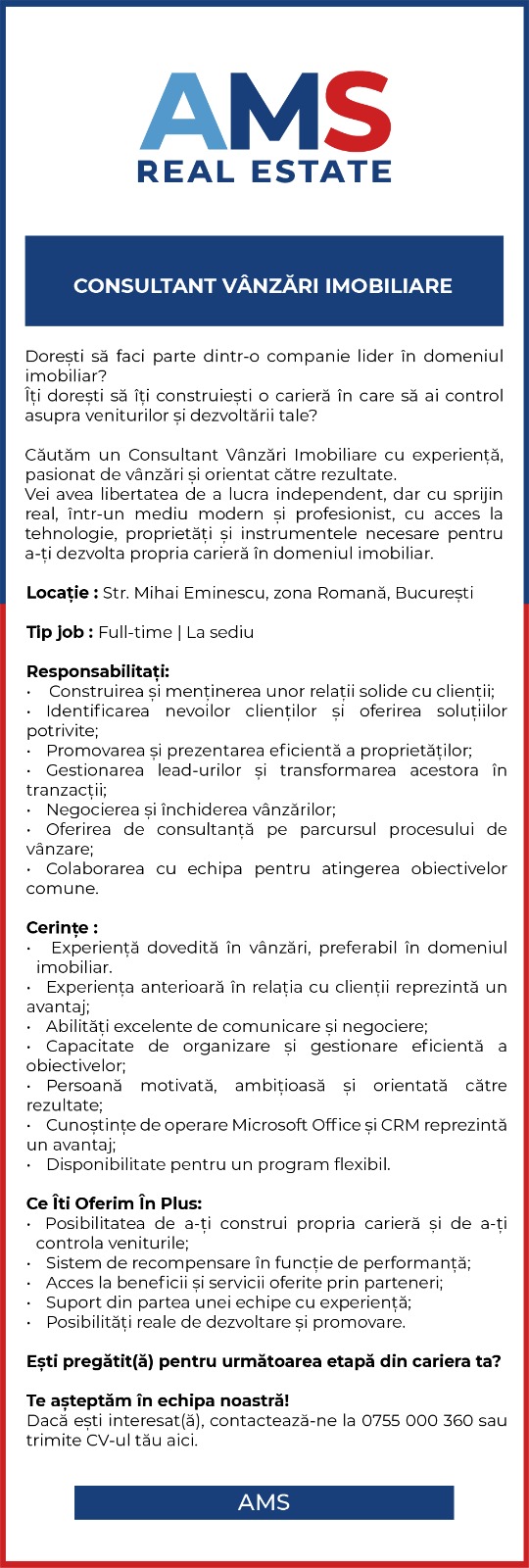 Agent Imobiliar cu experienta in imobiliare minim 2 ani