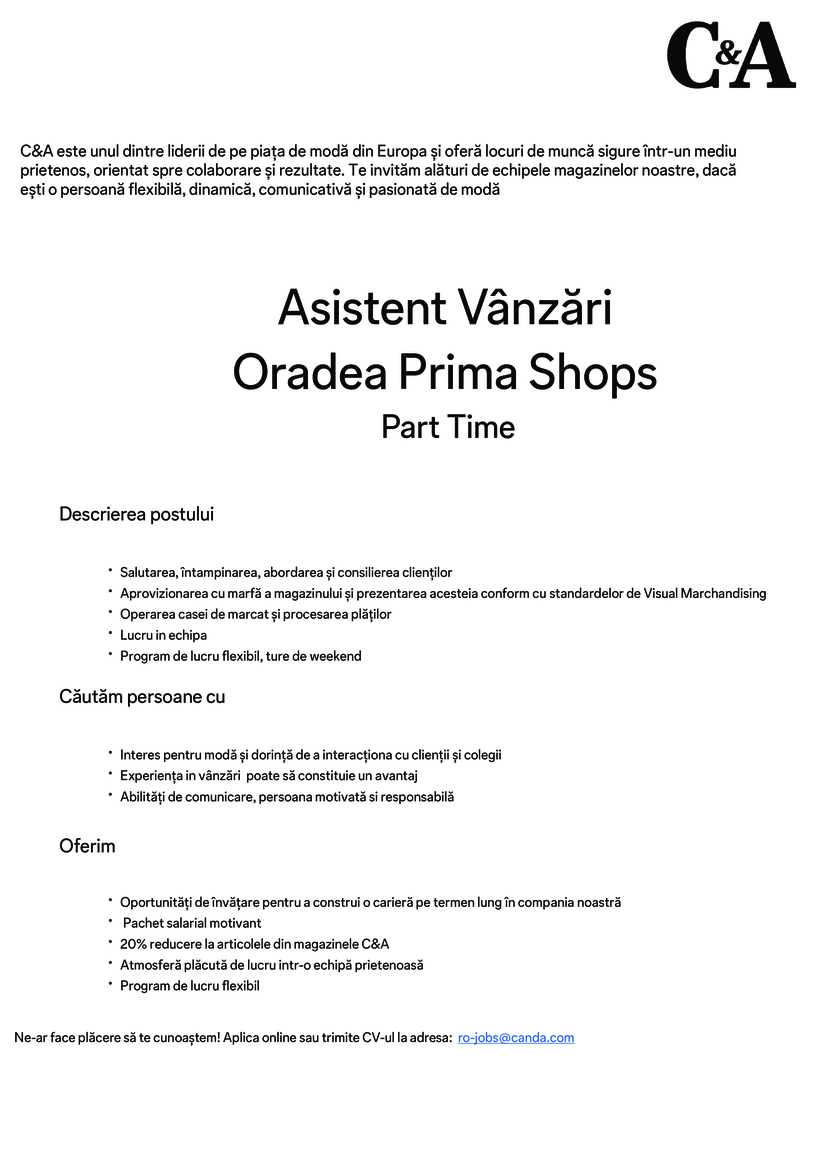 Asistent Vânzări Oradea Prima Shops Part Time