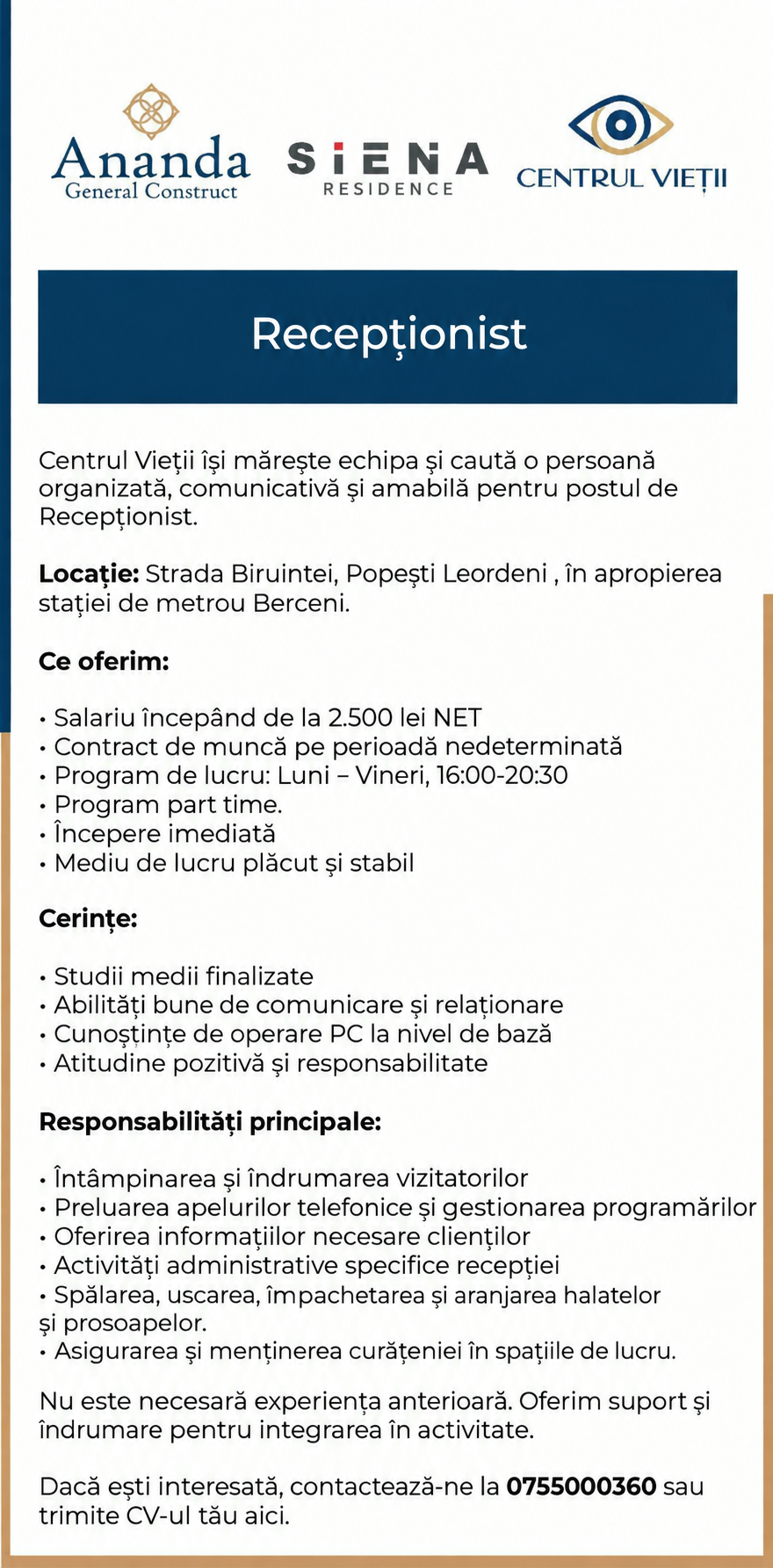 Receptionista Popesti-Leordeni (part time)