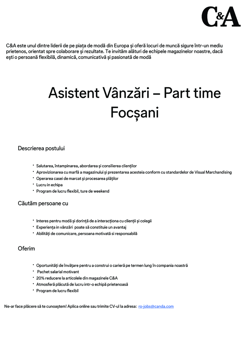 Asistent Vânzări – Part time Focșani