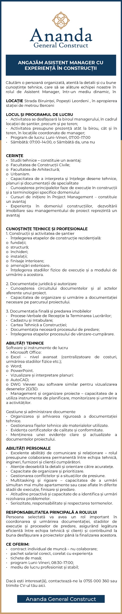 ASISTENT MANAGER CU EXPERIENȚĂ ÎN CONSTRUCȚII