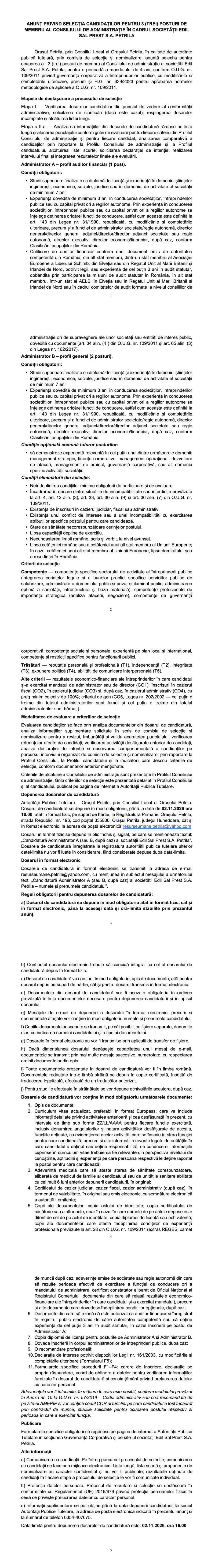 MEMBRU AL CONSILIULUI DE ADMINISTRAȚIE ÎN CADRUL SOCIETĂȚII EDIL SAL PREST S.A. PETRILA